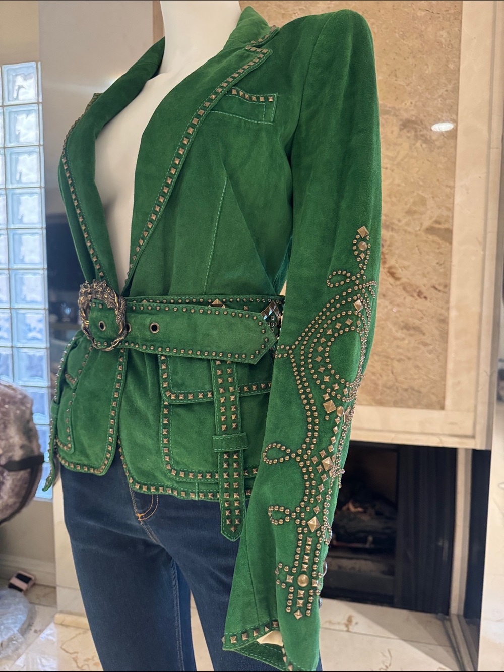 Roberto Cavalli Archival Runway Emerald Green Suede Studded Mermaid Jacket - Picture 8 of 17